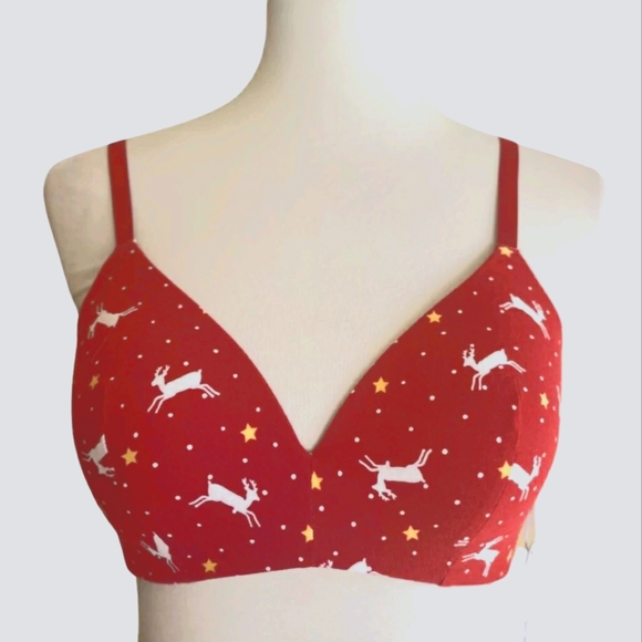 36D Size New Organic Cotton Christmas 🎄 Red Bra Deer soft wire-free Ambrielle - Picture 1 of 8